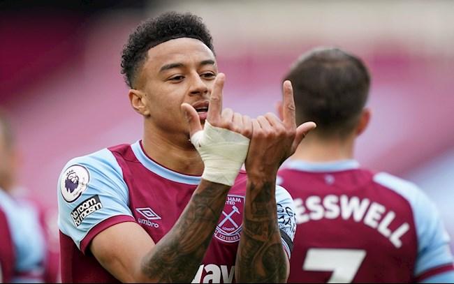 Tiền vệ Declan Rice và Tomas Soucek ăn mừng bàn thắng cho West Ham United trong mùa giải Premier League 2020-2021