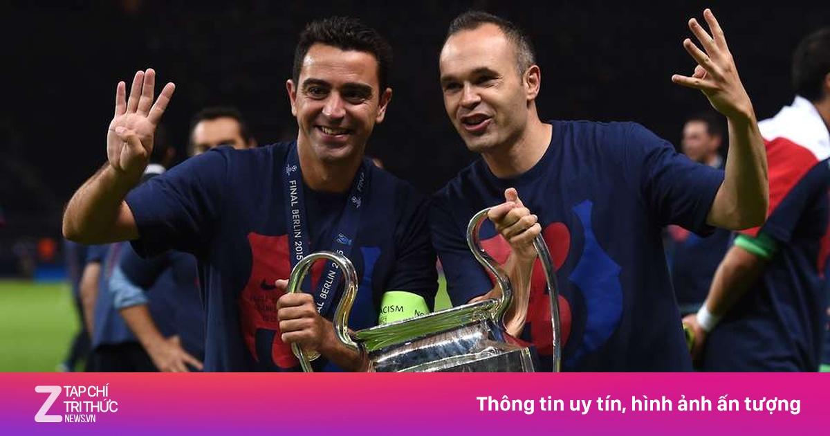 Lionel Messi, Xavi Hernandez và Andres Iniesta ăn mừng cú ăn ba lịch sử của Barcelona năm 2009, khởi đầu cho cú ăn sáu vĩ đại.