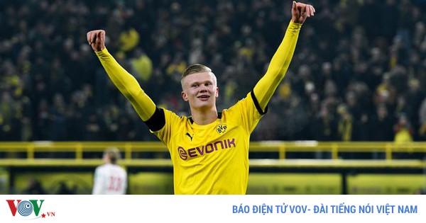 Hình ảnh Erling Haaland ăn mừng bàn thắng trong màu áo Borussia Dortmund tại Bundesliga mùa giải 2020