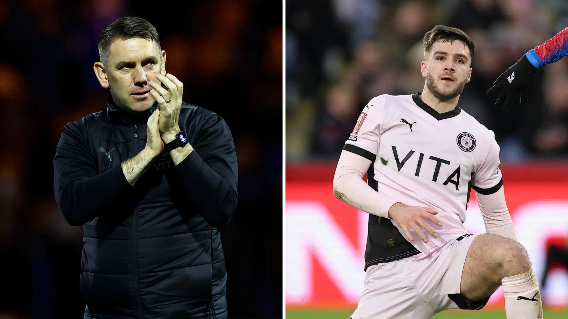 HLV Dave Challinor của Stockport County trao đổi chiến thuật cùng hậu vệ Ethan Pye trong một buổi tập