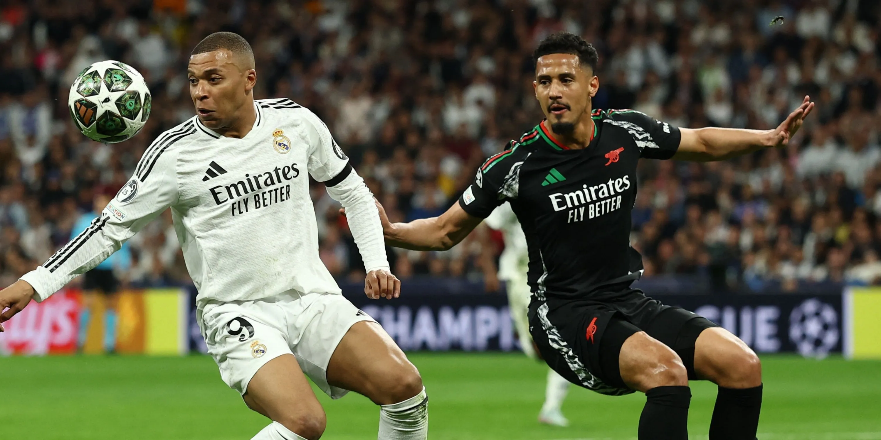 William Saliba trong màu áo Arsenal tại Champions League - mục tiêu hàng đầu của Real Madrid
