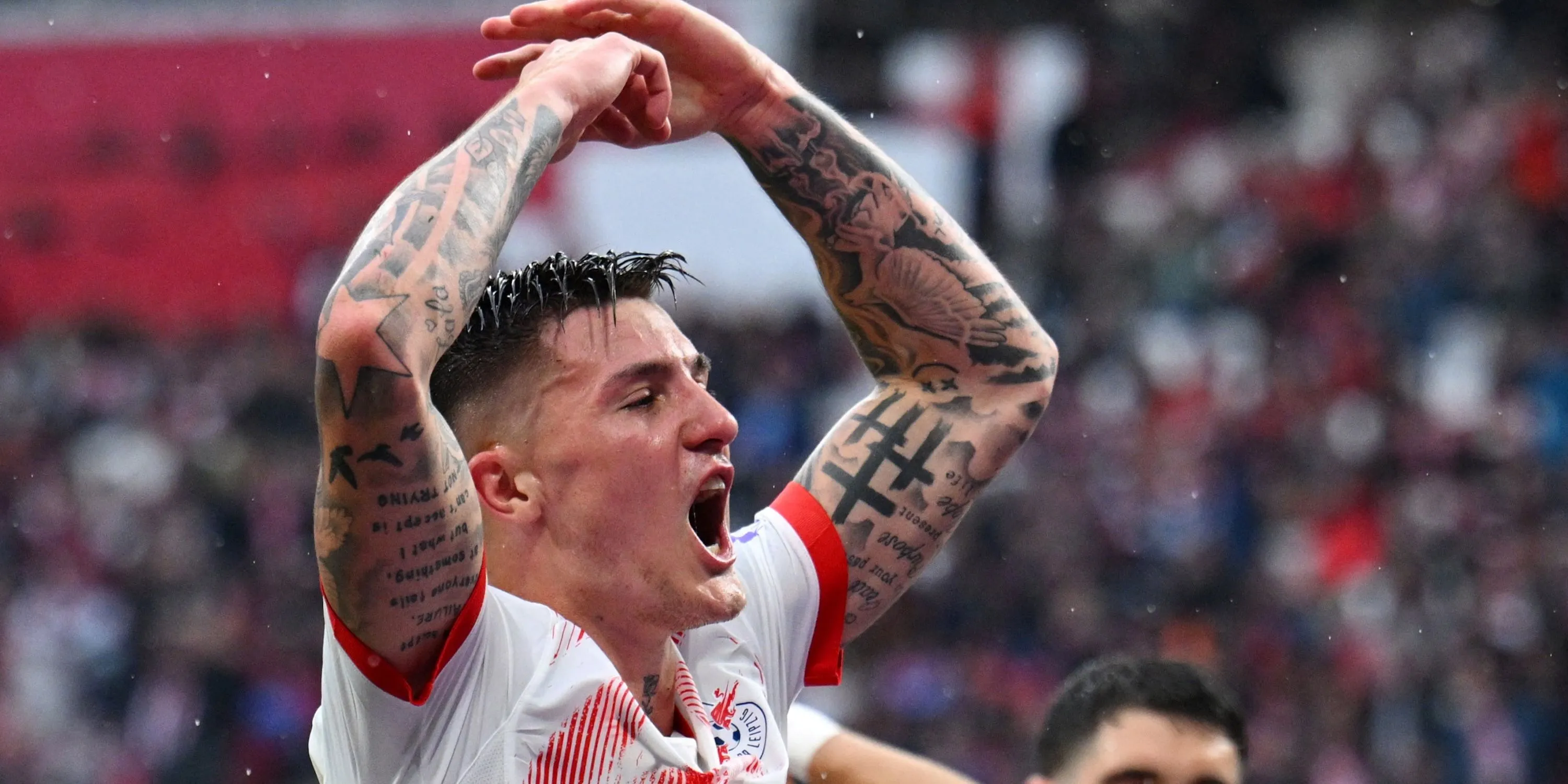 Tiền đạo Benjamin Sesko ăn mừng bàn thắng cho RB Leipzig, một trong những mục tiêu của Arsenal